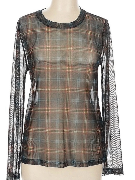 Porridge Tops - Sheer Plaid Long-Sleeve Tee - Black & Brown
